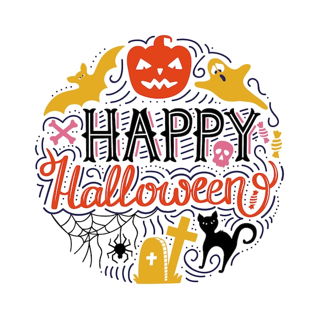 Hand drawn circle print with lettering happy halloween. Premium Vector