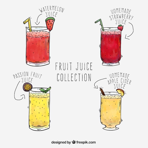Hand-drawn collection of four fruit\
juices