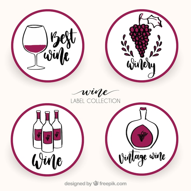 Hand-drawn collection of four round wine\
labels