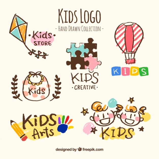 Hand-drawn collection of six kids logos Vector | Free Download