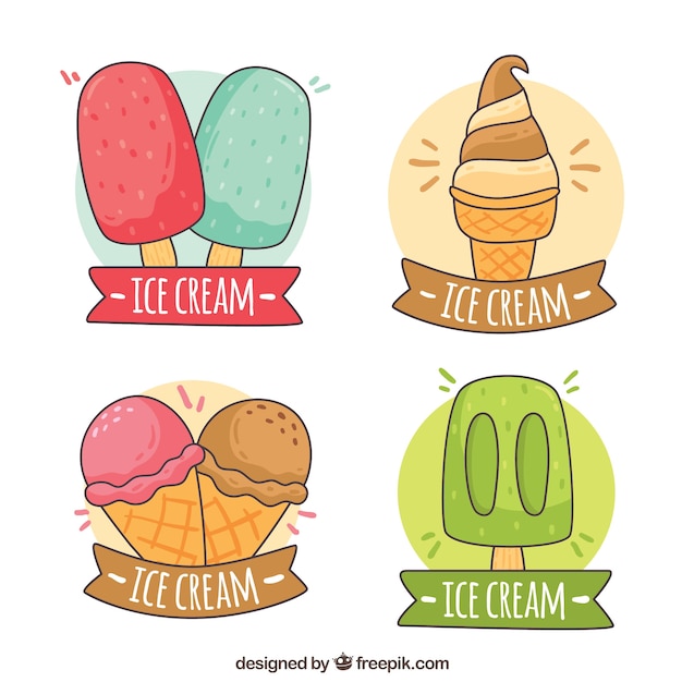 Hand-drawn collection of stickers with colored\
ice creams