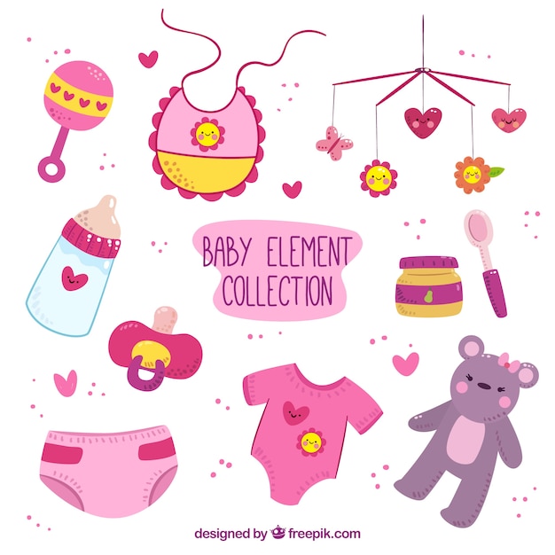 Premium Vector | Hand-drawn collection of pink and purple baby items with yellow details