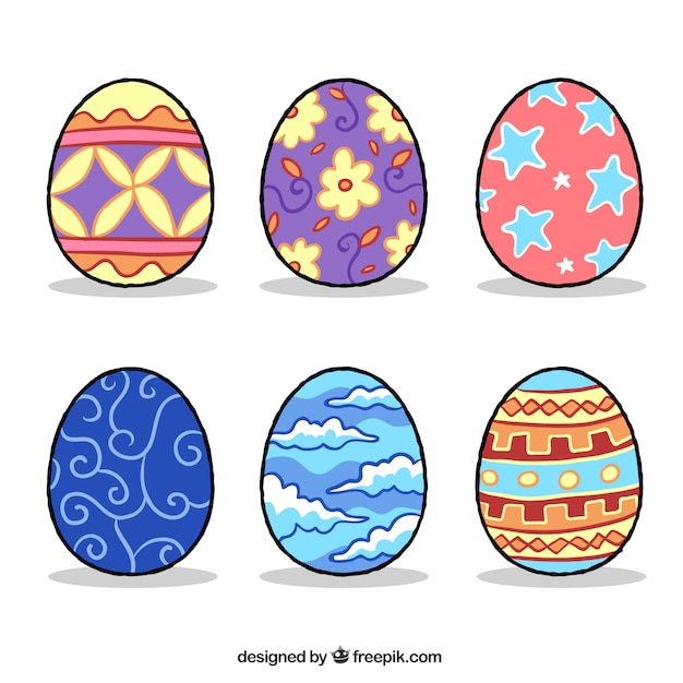 Handdrawn collection of six colored easter eggs Free Vector