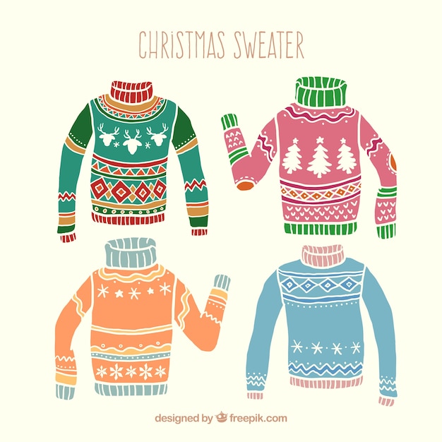 Download Free Vector | Hand drawn colored christmas sweaters