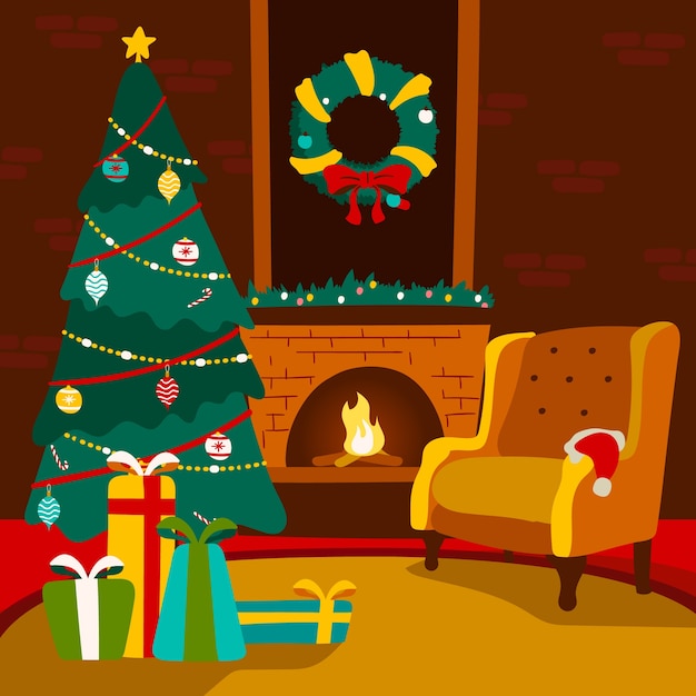 Hand Drawn Colorful Christmas Fireplace Scene Free Vector