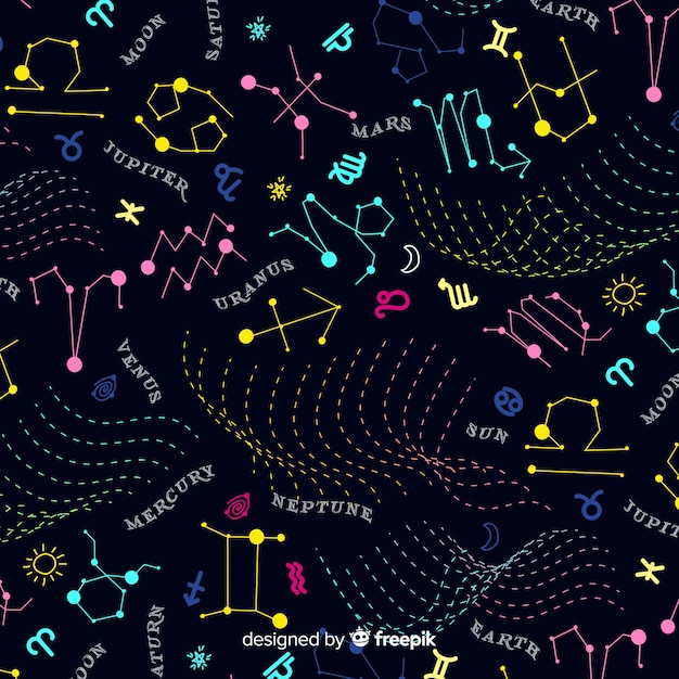 Hand drawn colorful zodiac pattern Free Vector