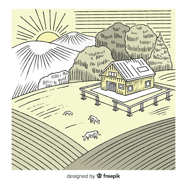 Premium Vector Hand Drawn Colorless Farm Landscape