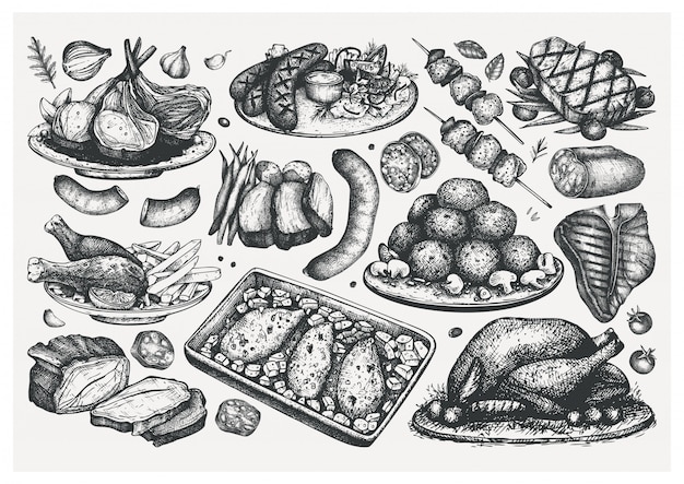 手描き調理肉料理スケッチセット 食品イラスト 刻まれたスタイルの肉製品 ステーキ ソーセージ 肉レストランメニュー要素 フードコレクション プレミアムベクター