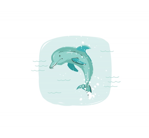 手描きのあらいくま夏の時間楽しいイラスト白い背景の青い海の波でイルカをジャンプ プレミアムベクター
