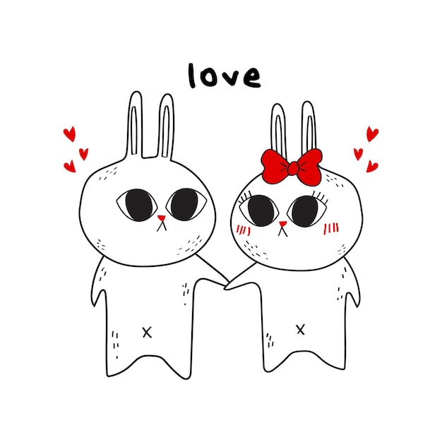手描きのカップルのウサギ バレンタインデーのイラスト プレミアムベクター