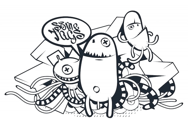 Hand drawn creatures in graffiti style Free Vector