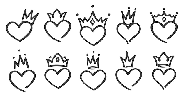 Hand drawn crowned hearts. doodle princess, king and queen crown on heart, sketch love crowns Free Vector