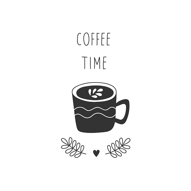コーヒーの漫画スタイルの手描きのカップ 黒と白のイラスト プレミアムベクター