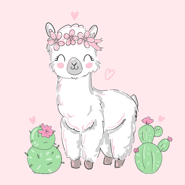 Premium Vector Hand Drawn Cute Alpaca Llama And Flowers