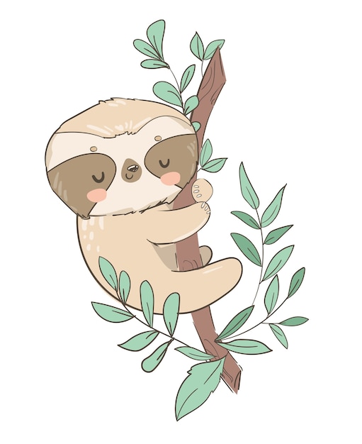 Premium Vector | Hand drawn cute animal sloth on the tree illustration