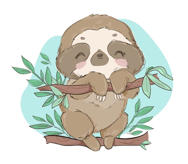 Premium Vector | Hand drawn cute animal sloth on the tree illustration