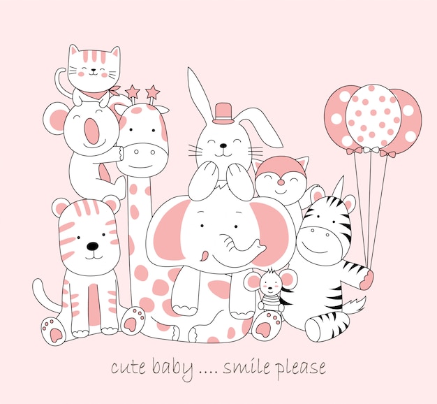 Premium Vector Hand Drawn Cute Baby Animal Cartoon Sketch Animal Style