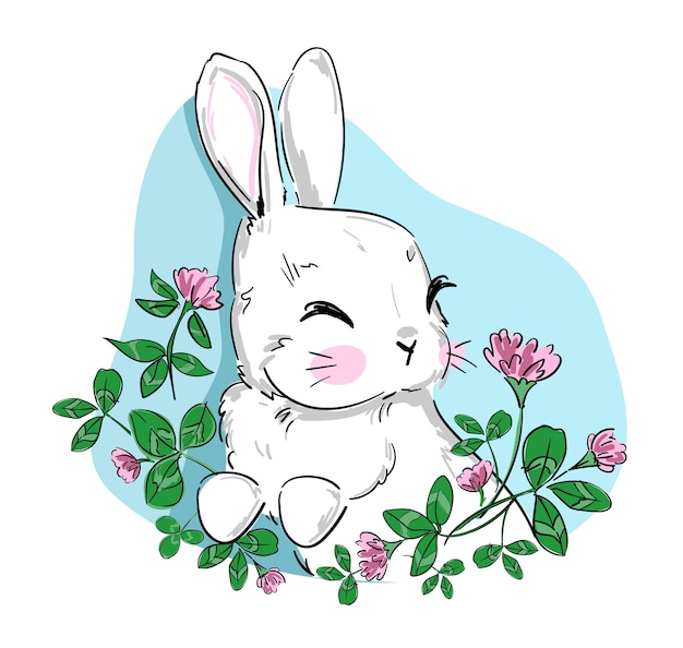 手描きのかわいいウサギと花の幼稚なイラスト プレミアムベクター