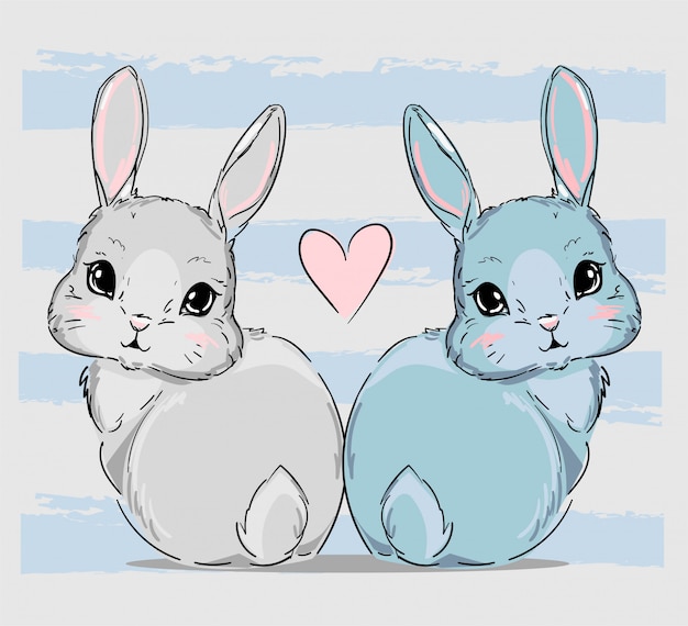 Premium Vector Hand Drawn Cute Bunny Couple Print Design Rabbits And