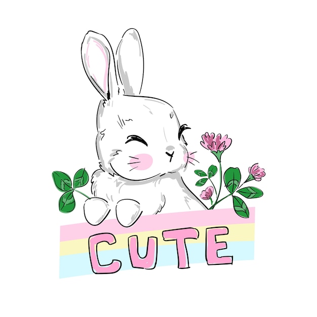 Premium Vector | Hand drawn cute bunny and handwritten cute text ...