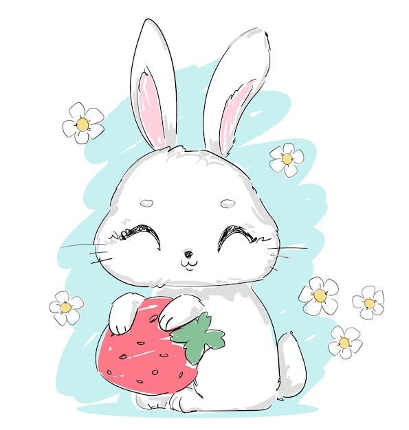 Premium Vector | Hand drawn cute bunny with strawberry and flowers