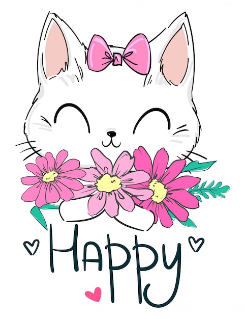 手描きのかわいい猫とピンクの花 子供用テキスタイル ポスターデザイン 保育園の印刷 カモミールの花のイラスト素材 プレミアムベクター