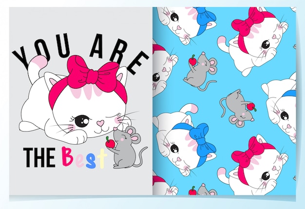 Hand drawn cute cat with mouse pattern set Premium Vector