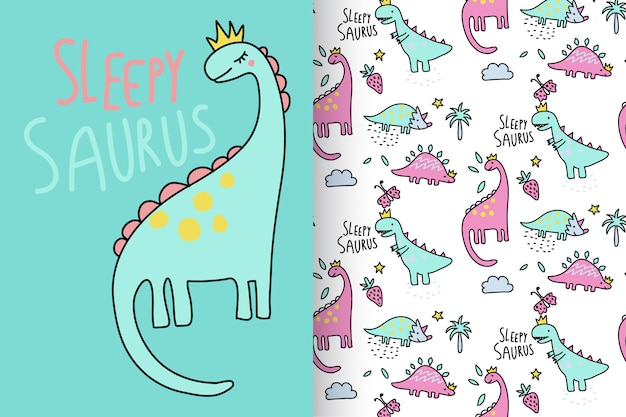 Hand drawn cute dinosaur with pattern vector set Premium Vector