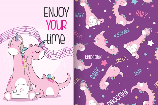 Hand drawn cute dinosaurs with pattern vector set-vector Premium Vector