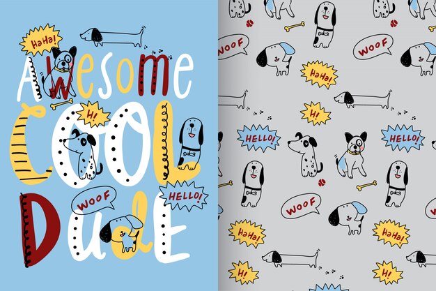 Hand drawn cute dog with pattern vector set Premium Vector