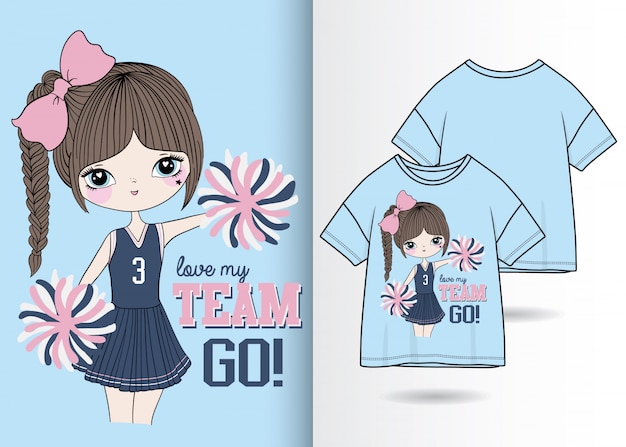 Hand drawn cute girl illustration with t shirt design | Premium Vector