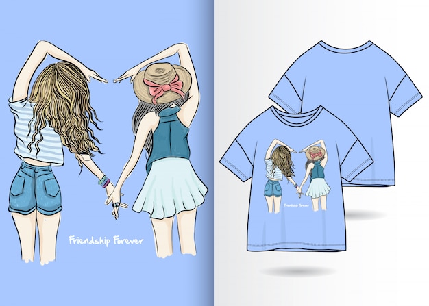 プレミアムベクター 手描きのかわいい女の子イラスト Tシャツデザイン