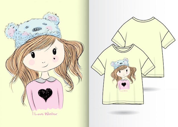 手描きのかわいい女の子イラスト Tシャツデザイン プレミアムベクター