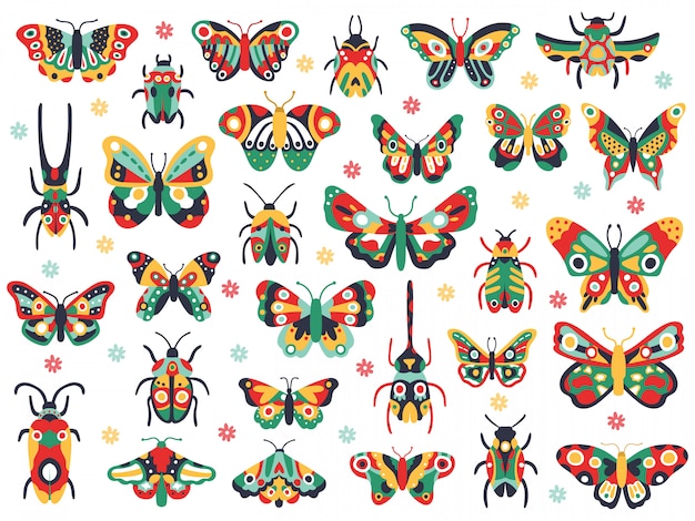 手描きのかわいい昆虫 飛んでいる蝶とカブトムシ カラフルな春の昆虫を落書き 蝶とバグのイラストアイコンセットを描画します 昆虫動物相カラフルな野生動物春の動物 プレミアムベクター