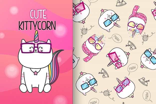 Hand drawn cute kitten with pattern vector set Premium Vector