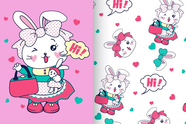Hand drawn cute kitty with pattern vector set Premium Vector