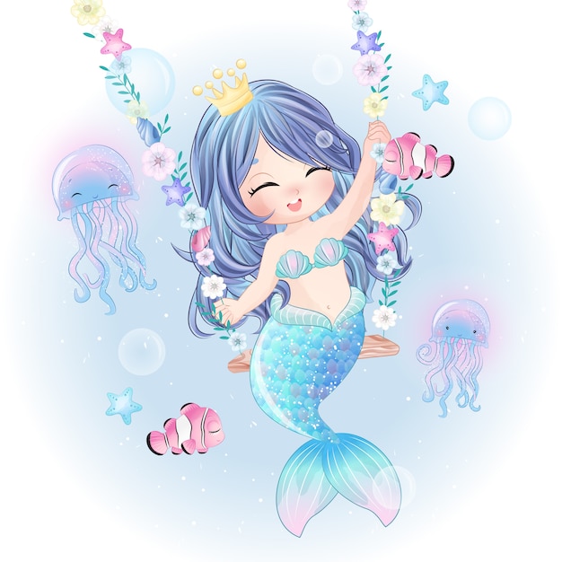 Hand drawn cute mermaid character Premium Vector