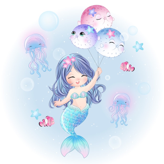 Premium Vector | Hand drawn cute mermaid flying with fish balloon