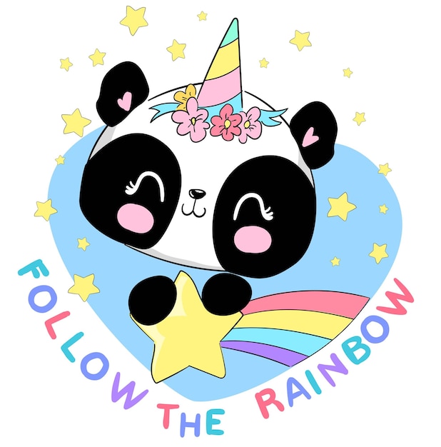 Premium Vector | Hand drawn cute panda unicorn and rainbow vector ...