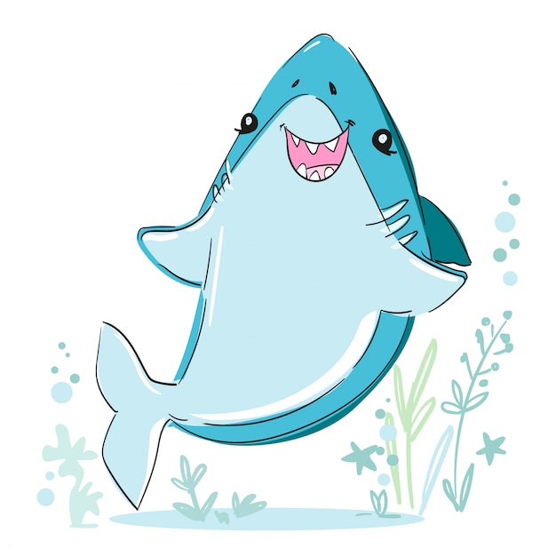 手描きのかわいいサメのイラスト 魚の海をスケッチします 生地 Tシャツ ポスター 背景の幼稚なプリントデザイン プレミアムベクター