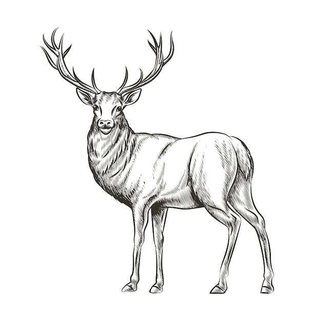 手描きの鹿 動物の野生 角と自然の野生動物 哺乳類のトナカイ 角のある枝角 スケッチベクトルイラスト 無料のベクター