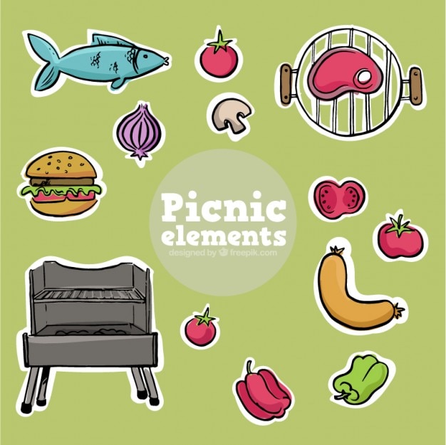 Hand drawn delicious foodtuffs for picnic and\
bbq