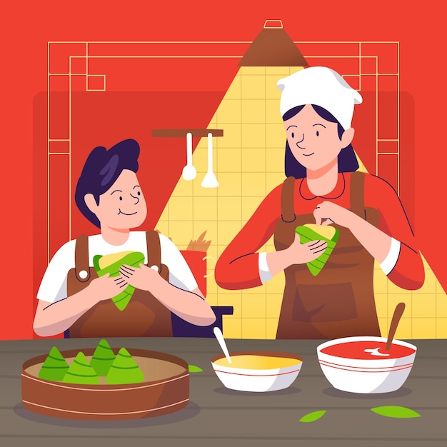 Free Vector | Hand drawn design family preparing zongzi