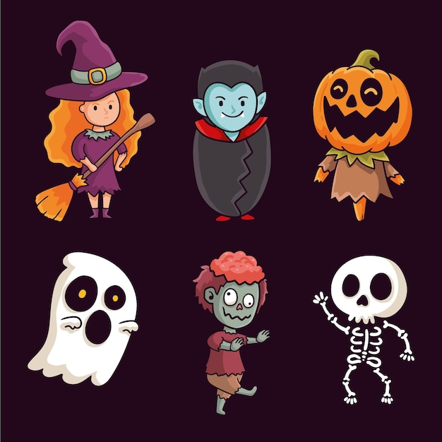 手描きデザインハロウィンキャラクターコレクション 無料のベクター