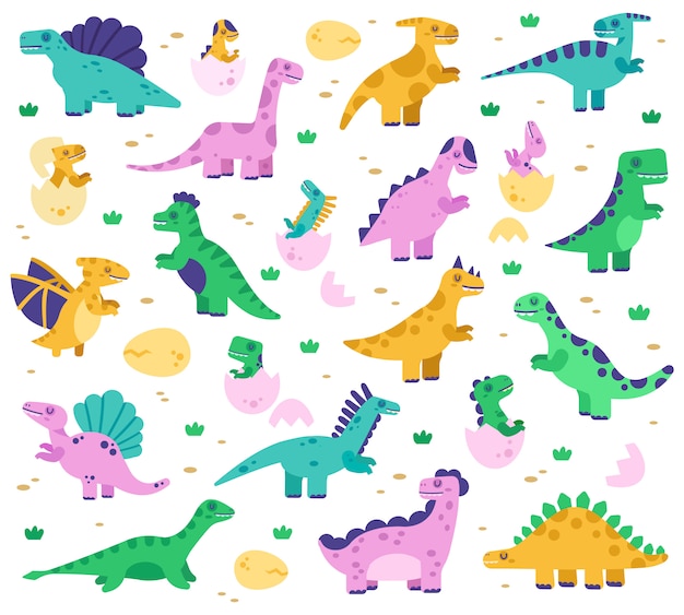 手描きの恐竜 卵 ジュラ紀の恐竜のキャラクター ディプロドクス ティラノサウルスのイラストセットでかわいい恐竜の赤ちゃん 子供用に着色されたディプロドクスと恐竜の爬虫類 プレミアムベクター