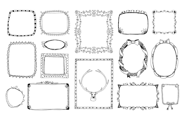 バレンタインデーの肖像画 アルバムの飾りのための手描き落書きモノクロフレーム 無料のベクター