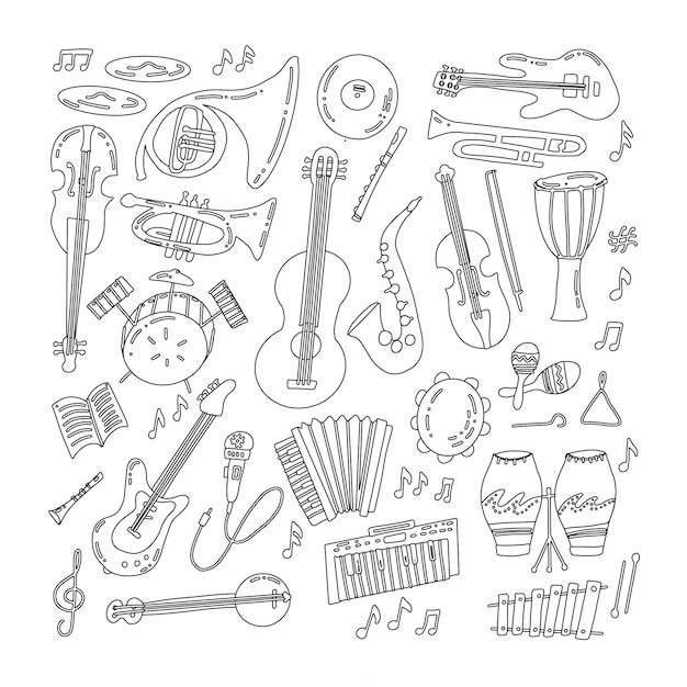 Hand drawn doodle musical instruments Vector | Premium Download