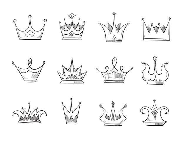 手描き落書き貴族の女王の王冠 ラインクラウンのセット 王子または君主のためのクラウンのイラスト プレミアムベクター