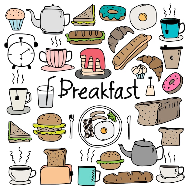 Premium Vector | Hand drawn doodle vector breakfast set