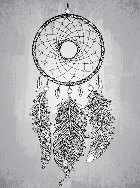  Hand  drawn  dream catcher with feathers in zentangle style  